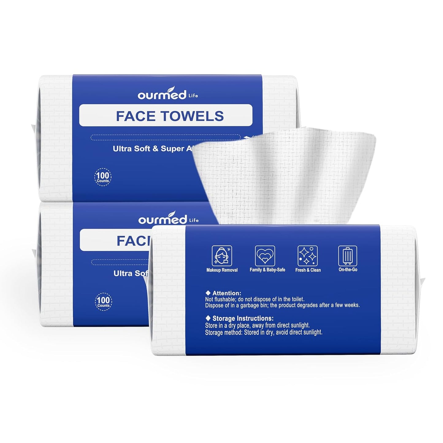 Ourmed Life Face Towels, Disposable Biodegradable Clean Facial Towels for Sensitive Skin, Lint- free Face Cloths for Makeup Remover, Skincare and Women Cleaning, Dry Wipes,100 Count Dot Texture