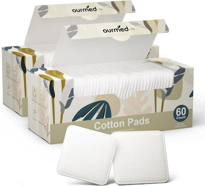 Ourmed Life Large Cotton Pads for Face, Soft & Lint-Free Cotton Rounds with Pressed Seam Design, Durable Facial Cleansing Squares for Face, Ideal Makeup Remover Pads, 3x3 Inch, 60 Count