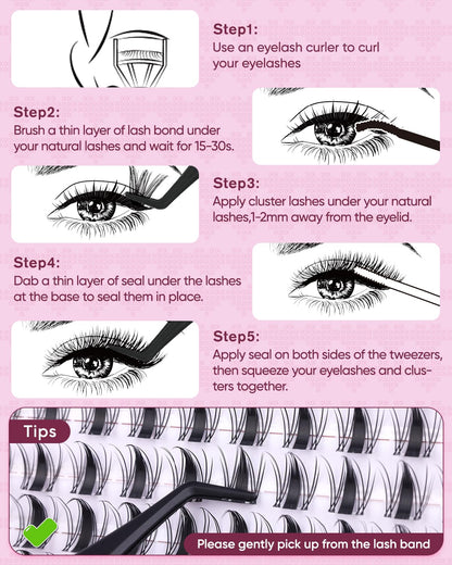 OKAYLOVE Manga Lash Clusters Kit with Spikes, LIRA 8-18mm DIY Cluster Eyelash Extensions Kit, 140pcs CC Curl Clear Band Individual Lashes with Lash Bond and Seal, Remover, Lash Tweezers