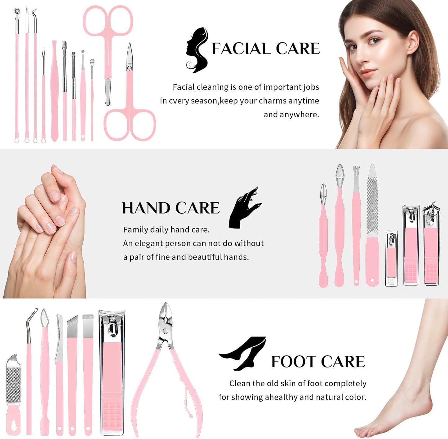 MINKINH 26-Piece Professional Manicure Set，Features Stainless Steel Tools, Carbon Steel Clippers & Travel Case for Women's Home and Travel Grooming，Mother's Day Gifts(Pink)