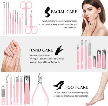 MINKINH 26-Piece Professional Manicure Set，Features Stainless Steel Tools, Carbon Steel Clippers & Travel Case for Women's Home and Travel Grooming，Mother's Day Gifts(Pink)