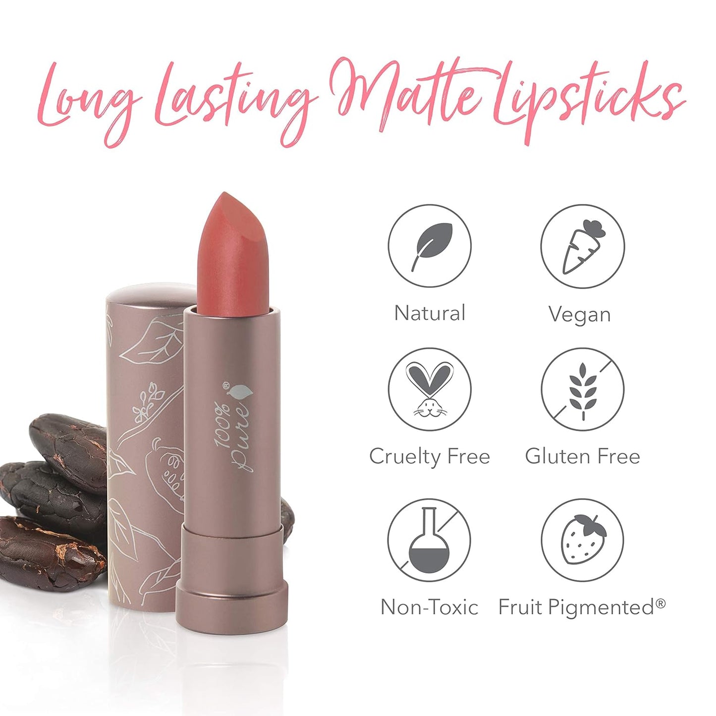 100% PURE Cocoa Butter Matte Lipstick Full Stay All Day Coverage, Lasting Moisturizing & Softening Natural Lip Color for All Skin Tones, Vegan Fruit Pigmented Mirage (Cool Deep Dusty Pink) - 0.15 oz