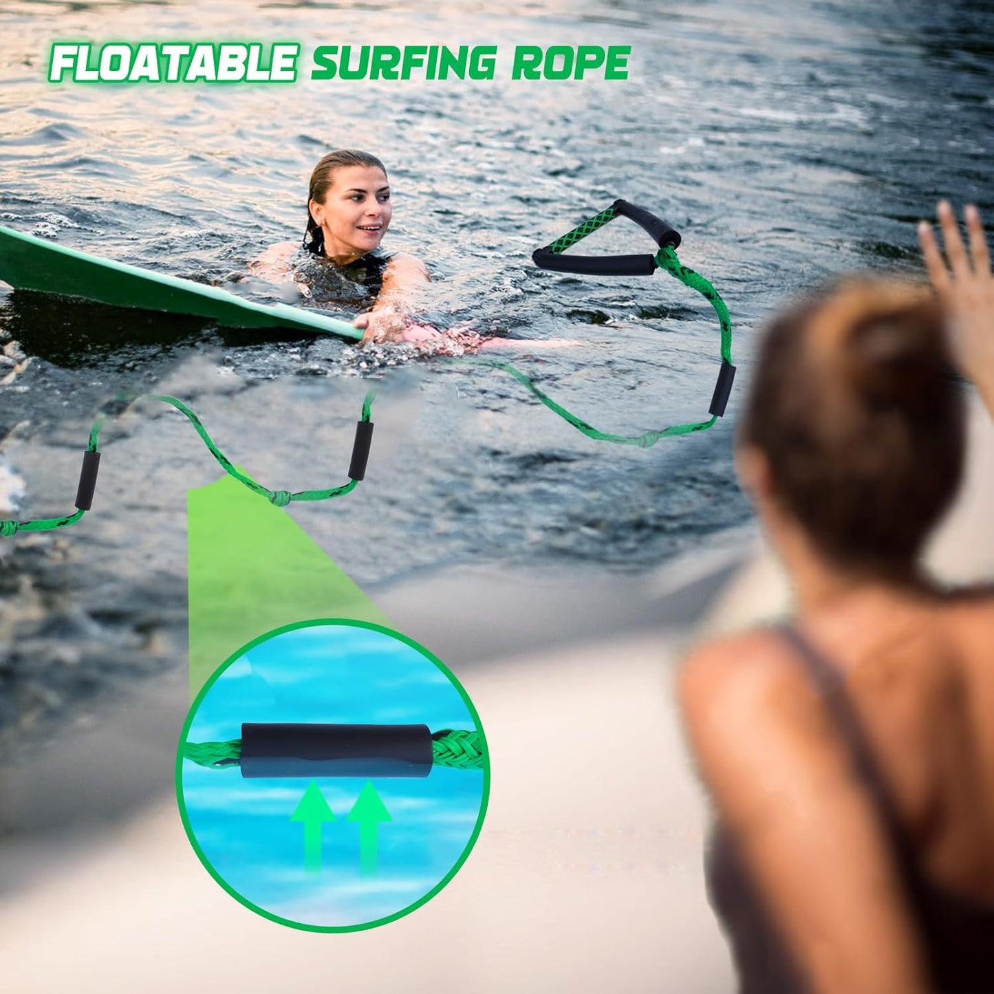 Wakesurf Rope - ASVAEVAS 25ft Floating Wake Surf Ropes and Handle, 4 Sections Adjustable Surf Tow Rope for Wakesurfing and Watersports