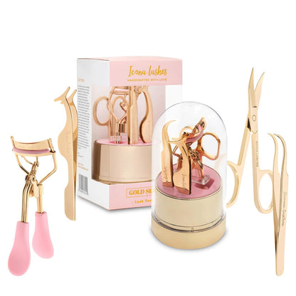 Icona Lashes Hair Removal & Eyelash Tweezer - J-curved Tip for Precise Plucking - Applicator Tool for False Eyelash Clusters & Lash Extensions - 24K Gold Plating, Stainless Steel - Case Included