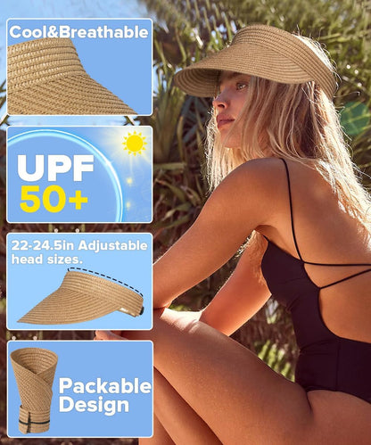 EW EastWater Beach Sun Visor Hats for Women, Wide Brim UPF50+ Sun Protection Straw Hat Packable Foldable for Summer