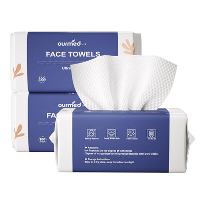 Ourmed Life Face Towels, Disposable Biodegradable Clean Facial Towels for Sensitive Skin, Lint- free Face Cloths for Makeup Remover, Skincare and Women Cleaning, Dry Wipes,100 Count Dot Texture