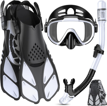 Ubekezele Snorkeling Gear for Adults Men Women,4 in 1 Snorkel Set with Panoramic View Diving Mask Anti-Fog Anti-Leak,Dry Top Snorkel,Fins and Travel Bag for Swimming,Snorkeling and Travel Diving