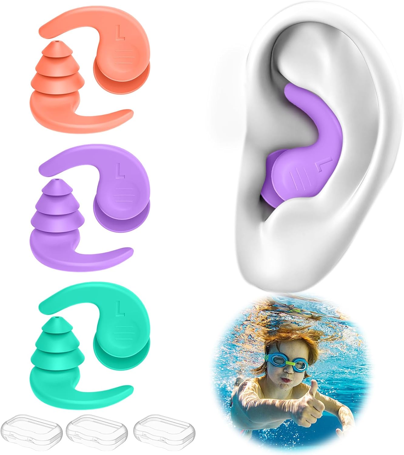 Swimming Ear Plugs for Adults, 4 Pairs Waterproof Reusable Silicone Swim Earplugs with Removable Cord, Perfect for Swimming, Showering, Surfing and Other Water Sports - Two Wearing Styles