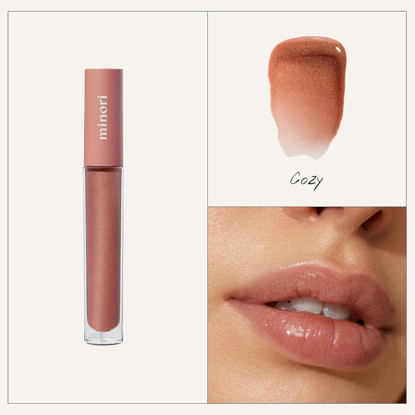 Minori Lip Gloss, Cozy Shade, Hydrating, Non-Sticky Sheer Gloss with Jojoba, Shea Butter & Vitamin E, Vegan & Cruelty-Free, Moisturizing Lip Shine, 0.11 fl oz.