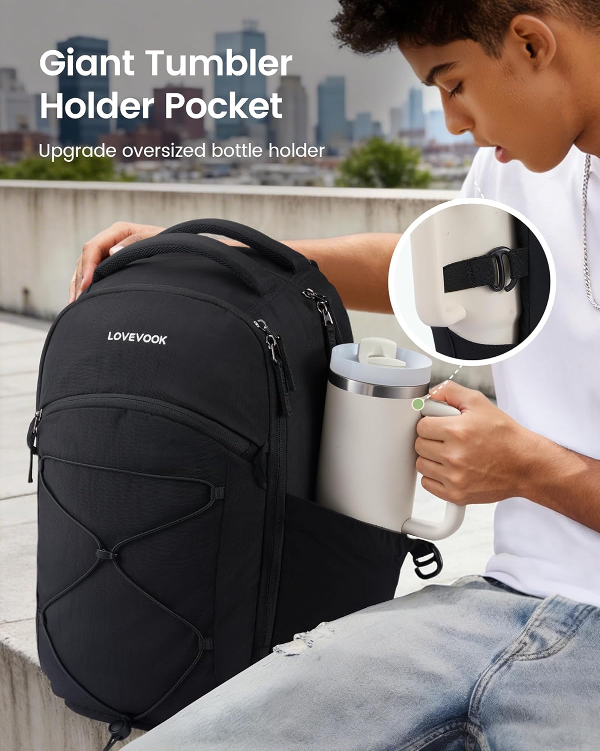 LOVEVOOK Everyday Laptop Backpack for Women & Men With Giant Tumbler Holder,18 Inch Classic Travel Work College Teacher Carry on Backpack Purse,Waterproof Computer laptop Bag Hiking Backpack,Black