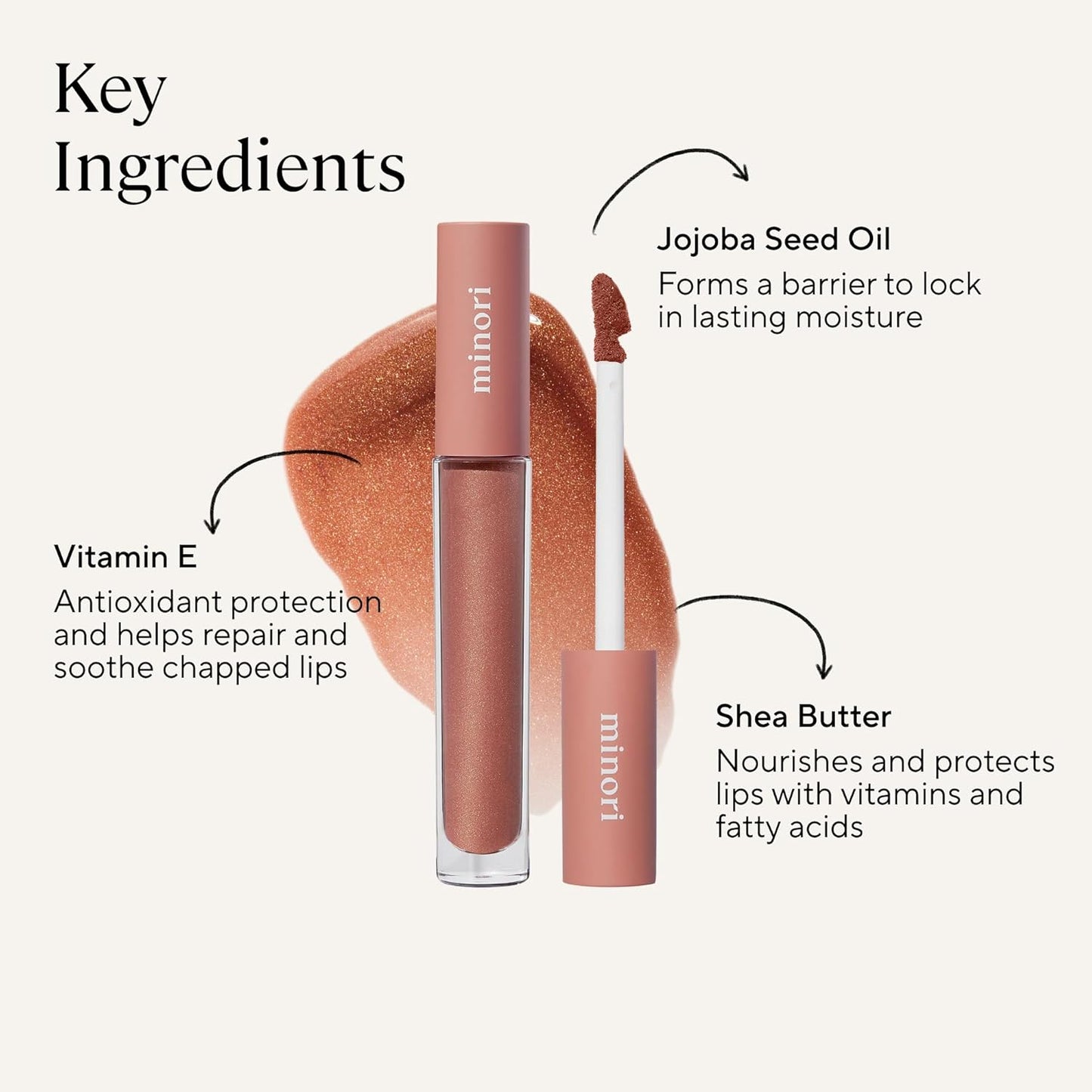 Minori Lip Gloss, Cozy Shade, Hydrating, Non-Sticky Sheer Gloss with Jojoba, Shea Butter & Vitamin E, Vegan & Cruelty-Free, Moisturizing Lip Shine, 0.11 fl oz.