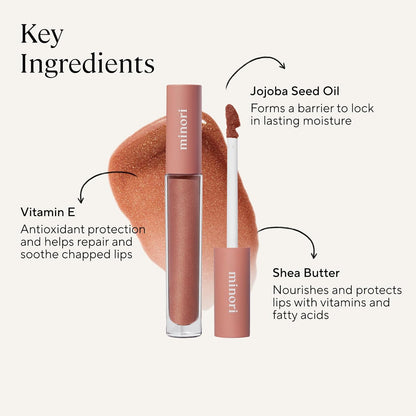 Minori Lip Gloss, Cozy Shade, Hydrating, Non-Sticky Sheer Gloss with Jojoba, Shea Butter & Vitamin E, Vegan & Cruelty-Free, Moisturizing Lip Shine, 0.11 fl oz.