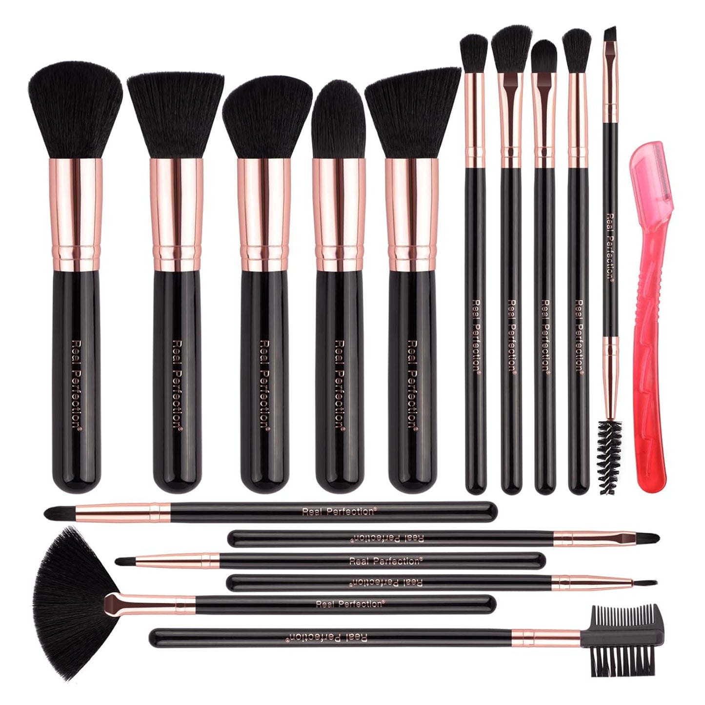 Real Perfection Makeup Brush Set 16 Pcs with 1 Eyebrow Razor Premium Synthetic Foundation Powder Concealers Eyeshadow Blush Makeup Brushes Make up Brushes Kit (Beige)