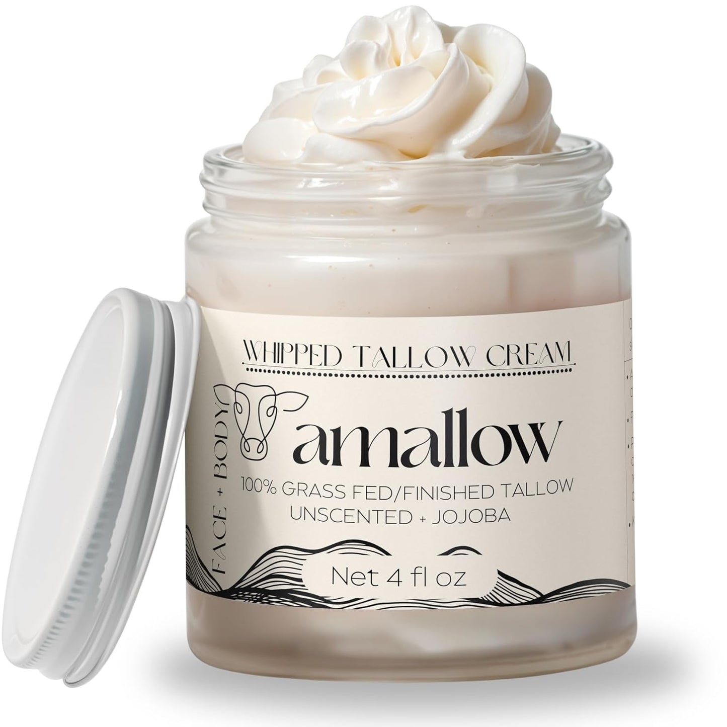 Amallow 100% Grass Fed Beef Tallow for Skin Care - Face + Body - Whipped Moisturizer for Sensitive Skin - Natural Lotion, 4 FL. oz. (Unscented)