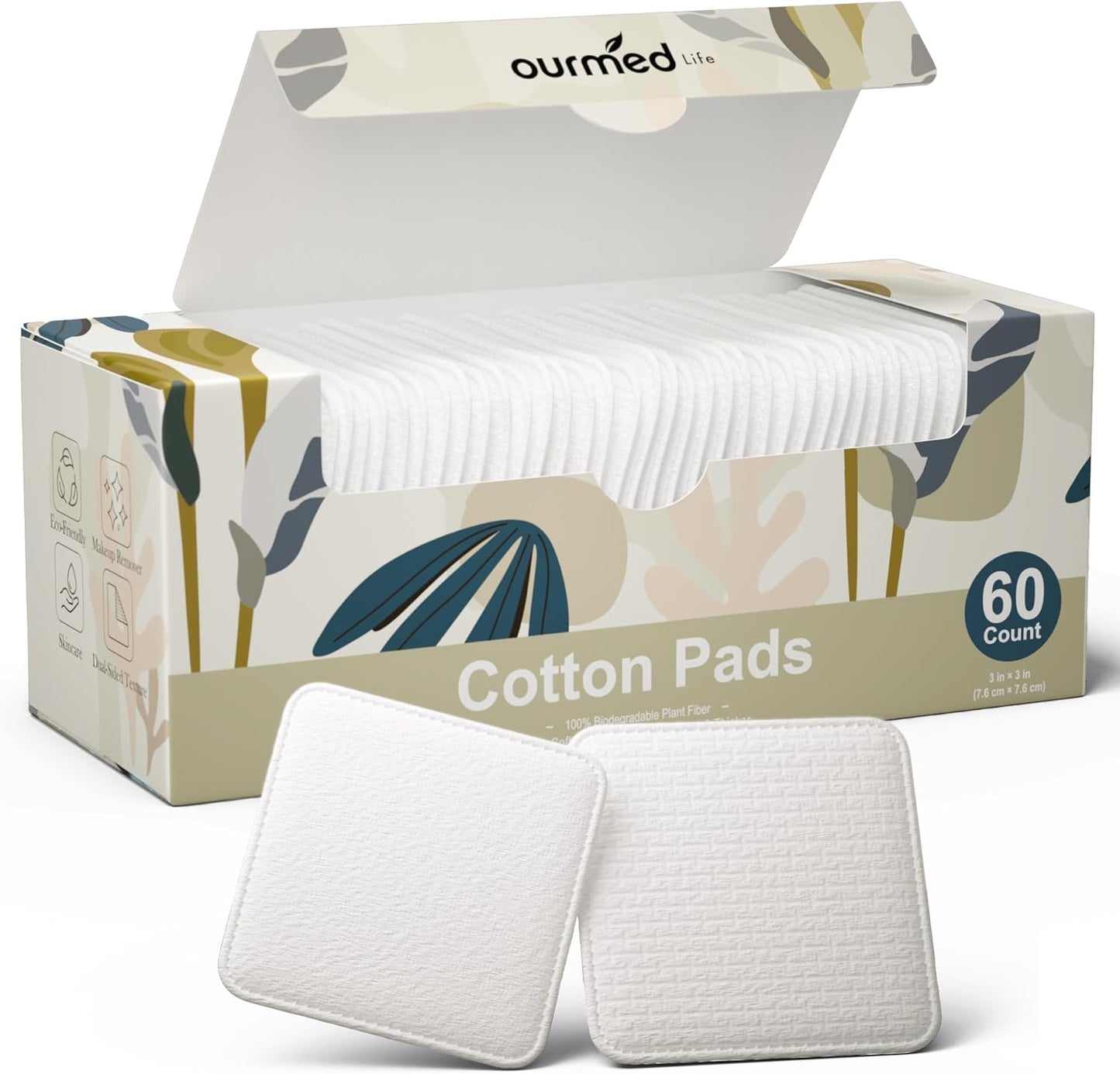 Ourmed Life Large Cotton Pads for Face, Soft & Lint-Free Cotton Rounds with Pressed Seam Design, Durable Facial Cleansing Squares for Face, Ideal Makeup Remover Pads, 3x3 Inch, 60 Count