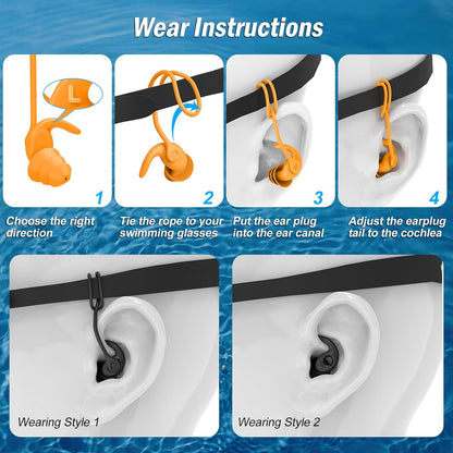 Swimming Ear Plugs for Adults, 4 Pairs Waterproof Reusable Silicone Swim Earplugs with Removable Cord, Perfect for Swimming, Showering, Surfing and Other Water Sports - Two Wearing Styles