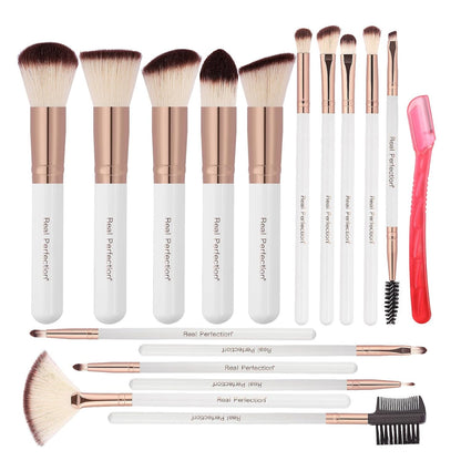 Real Perfection Makeup Brush Set 16 Pcs with 1 Eyebrow Razor Premium Synthetic Foundation Powder Concealers Eyeshadow Blush Makeup Brushes Make up Brushes Kit (Beige)