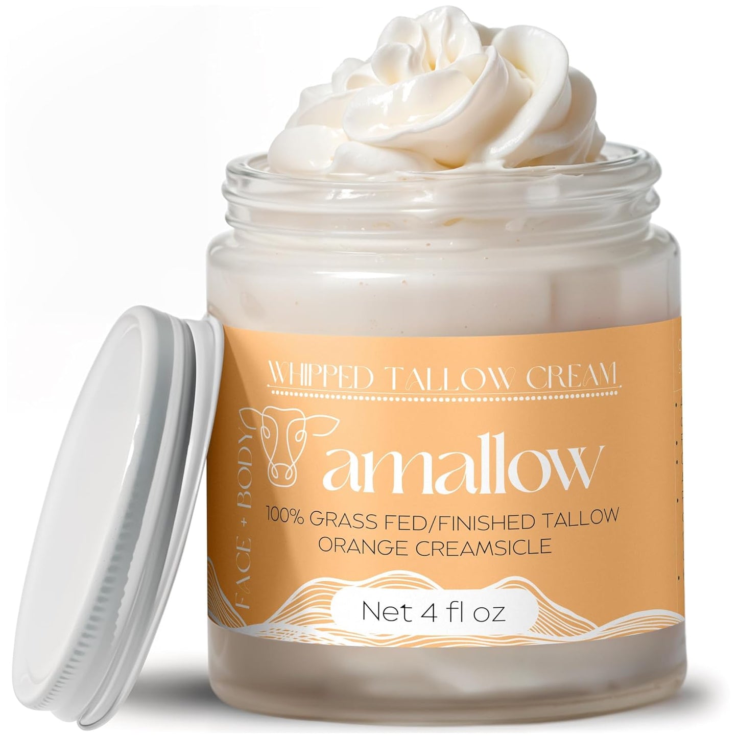 Amallow 100% Grass Fed Beef Tallow for Skin Care - Face + Body - Whipped Moisturizer for Sensitive Skin - Natural Lotion, 4 FL. oz. (Unscented)