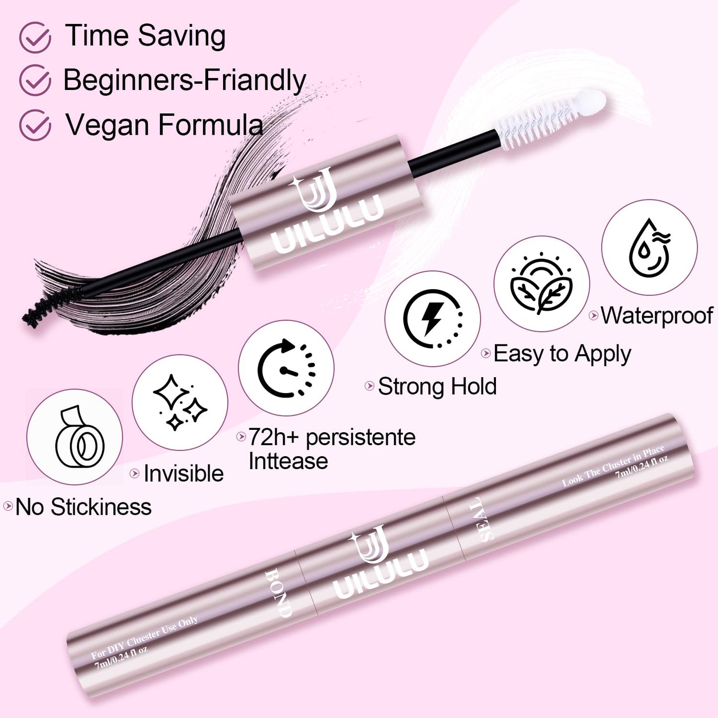 Uilulu Lash Cluster Glue, Lash Bond and Seal for Eyelash Clusters Black 2-in-1 Glue DIY at Home Use Hold Long-Lasting Eyelash Adhesive(7ml+7ml)