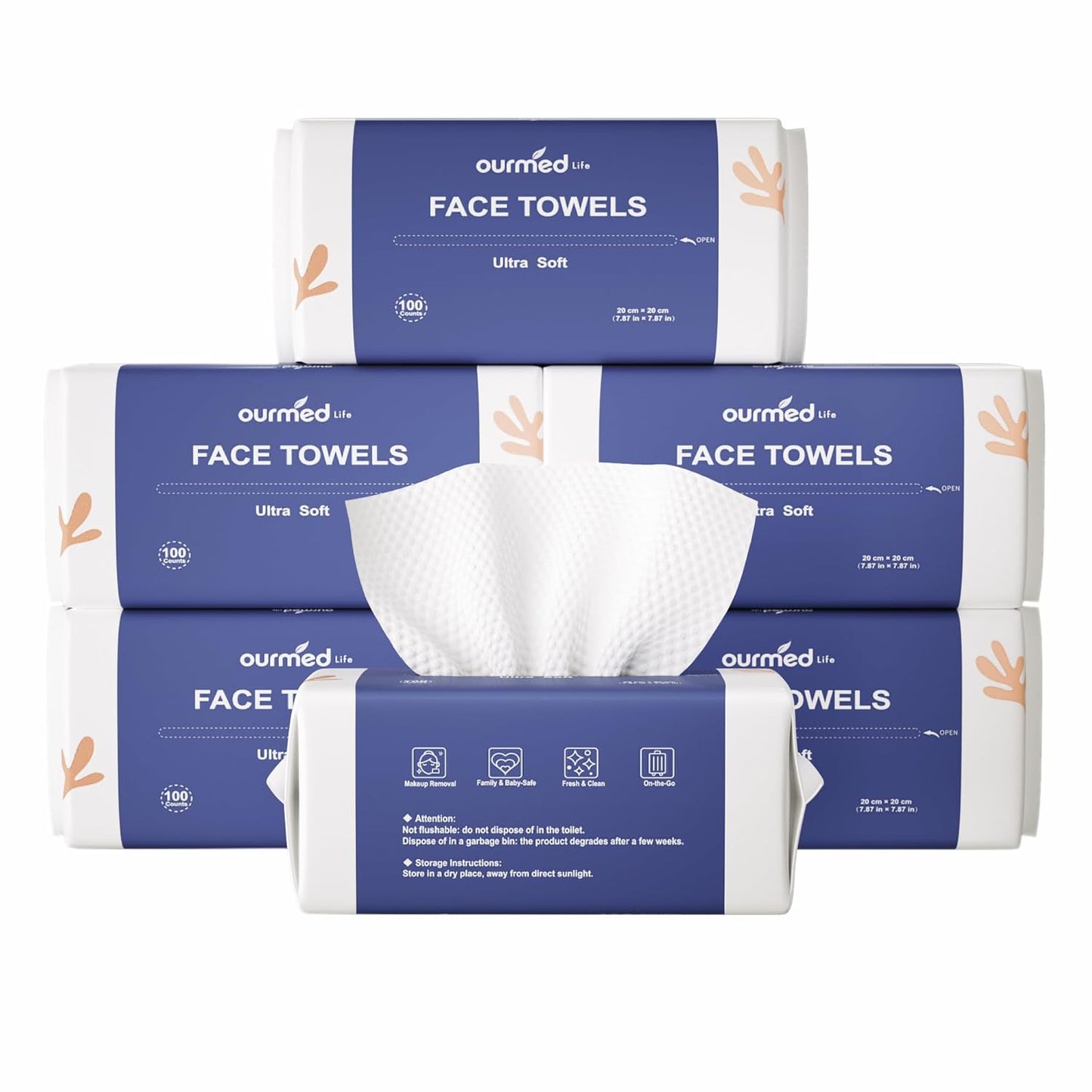 Ourmed Life Face Towels, Disposable Biodegradable Clean Facial Towels for Sensitive Skin, Lint- free Face Cloths for Makeup Remover, Skincare and Women Cleaning, Dry Wipes,100 Count Dot Texture