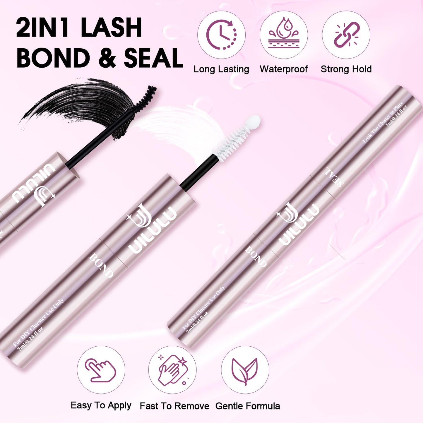 Uilulu Lash Cluster Glue, Lash Bond and Seal for Eyelash Clusters Black 2-in-1 Glue DIY at Home Use Hold Long-Lasting Eyelash Adhesive(7ml+7ml)