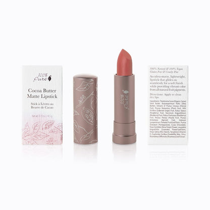 100% PURE Cocoa Butter Matte Lipstick Full Stay All Day Coverage, Lasting Moisturizing & Softening Natural Lip Color for All Skin Tones, Vegan Fruit Pigmented Mirage (Cool Deep Dusty Pink) - 0.15 oz