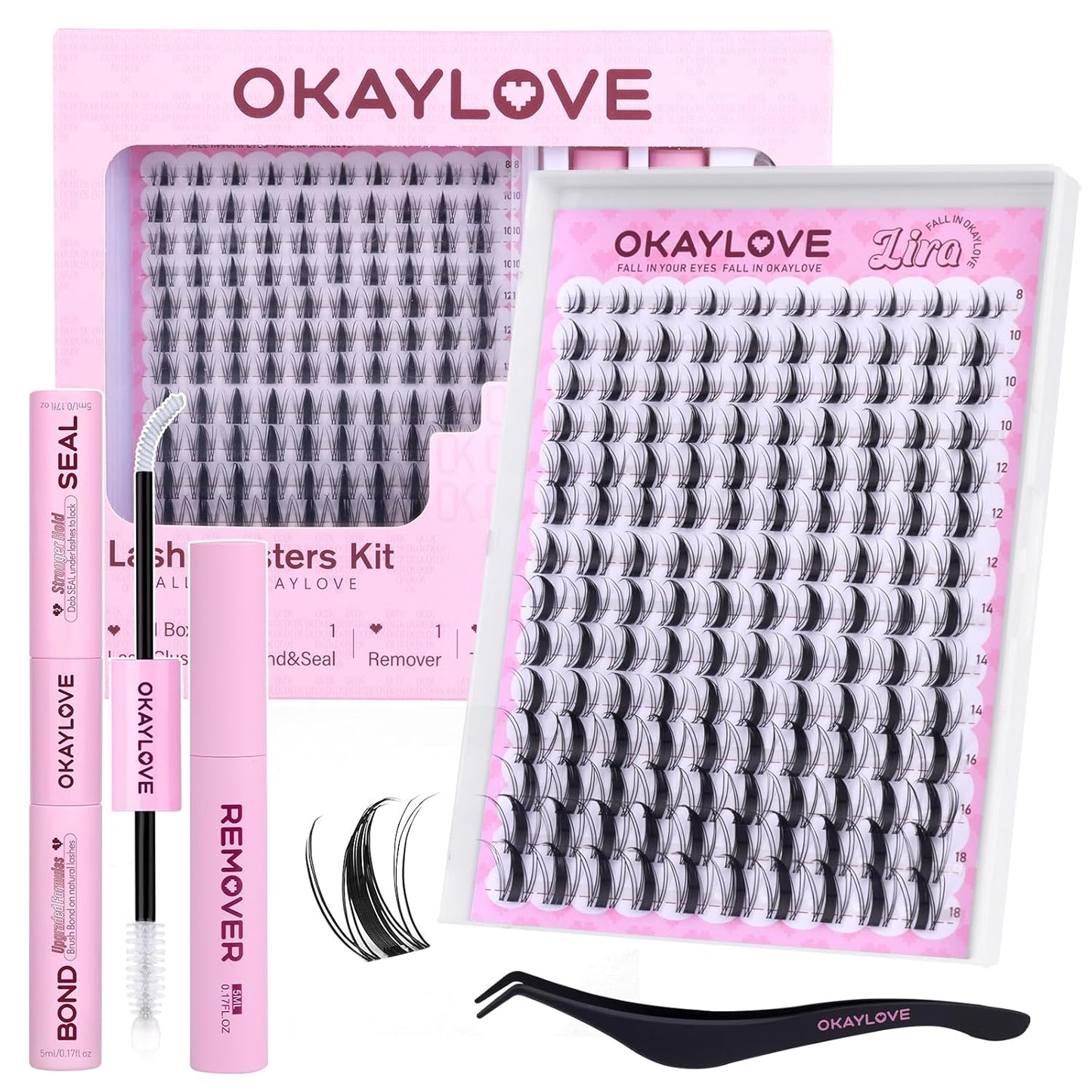 OKAYLOVE Manga Lash Clusters Kit with Spikes, LIRA 8-18mm DIY Cluster Eyelash Extensions Kit, 140pcs CC Curl Clear Band Individual Lashes with Lash Bond and Seal, Remover, Lash Tweezers