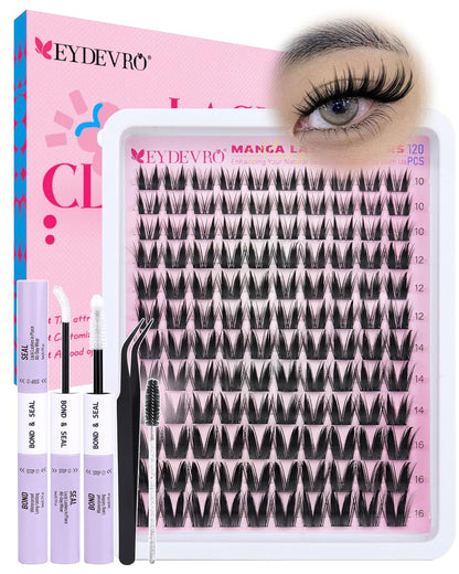 EYDEVRO Bunny Lash Clusters Manga Eyelash Clusters Wet Look Fairy Wispy Cluster Eyelash Extensions Anime Cluster Lashes 120 Pcs 10-16mm C Curl DIY Lash Extensions