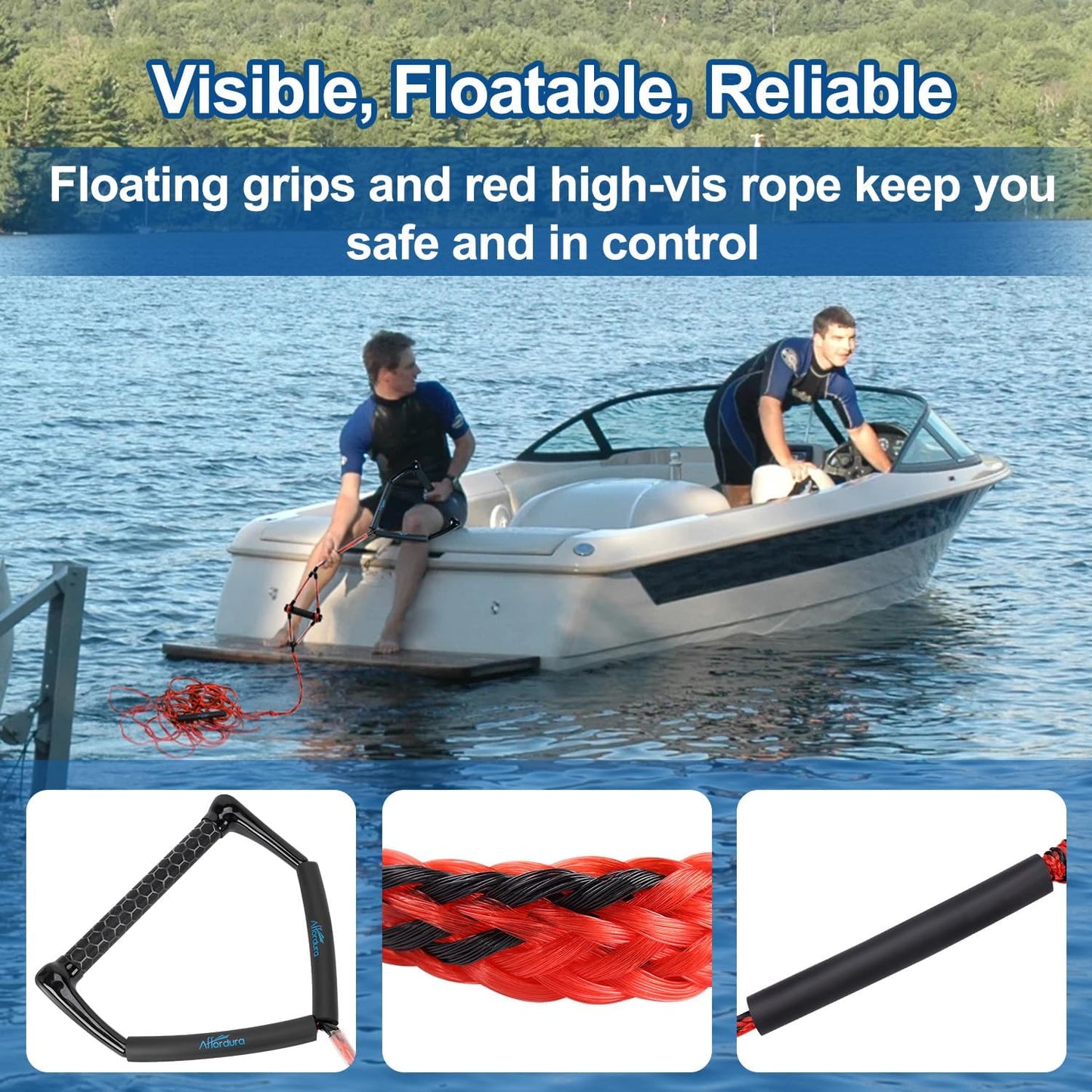 Affordura Wakeboard Rope 75 Feet Water Ski Rope with Handle Ski Ropes for Watersports, Ski Tow Rope for Tubing 4 Sections Tube Tow Rope for Watersports, Storage Bag Included