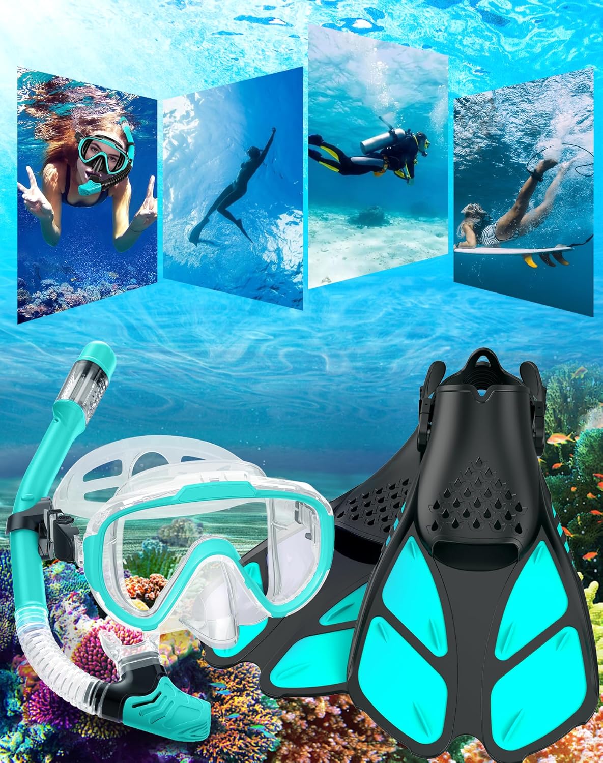 Ubekezele Snorkeling Gear for Adults Men Women,4 in 1 Snorkel Set with Panoramic View Diving Mask Anti-Fog Anti-Leak,Dry Top Snorkel,Fins and Travel Bag for Swimming,Snorkeling and Travel Diving