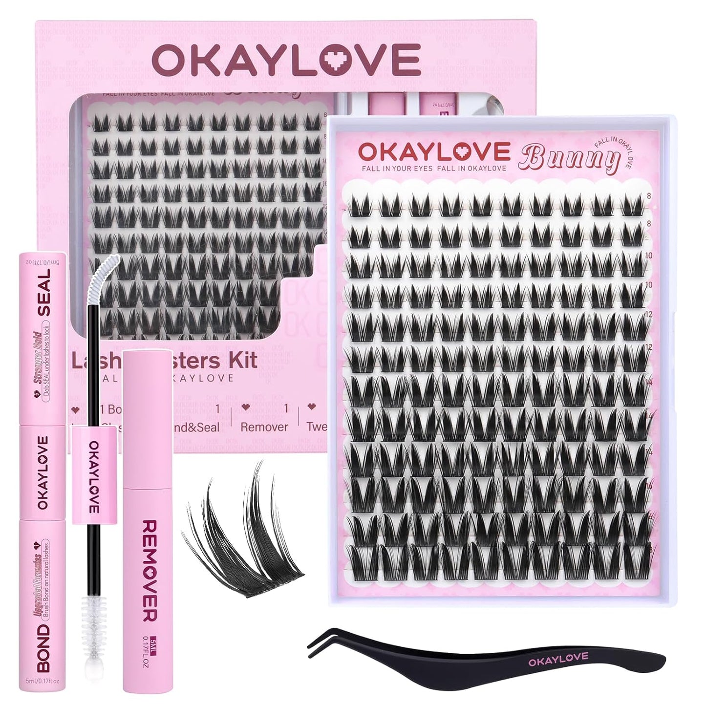 OKAYLOVE Manga Lash Clusters Kit with Spikes, LIRA 8-18mm DIY Cluster Eyelash Extensions Kit, 140pcs CC Curl Clear Band Individual Lashes with Lash Bond and Seal, Remover, Lash Tweezers
