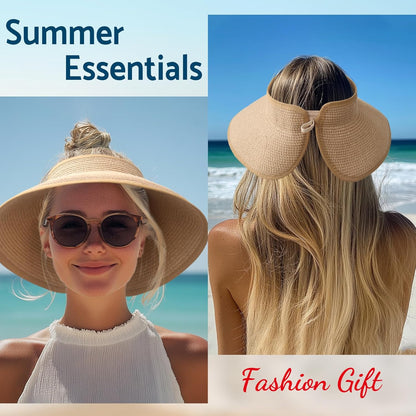 NPJY Sun Hats for Women Wide Brim Roll-Up Beach Ponytail Hat Packable Foldable Travel Straw Visor