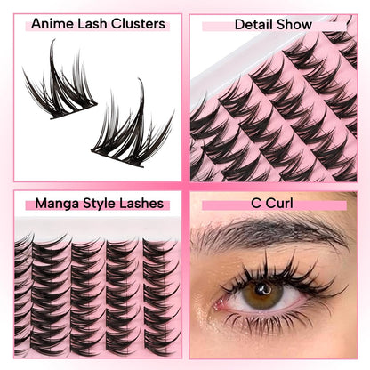 Lash Clusters Manga Eyelash Clusters Spiky Cluster Eyelash Extensions 80Pcs C Curl Individual Lashes Volume Anime Lash Clusters with Thin Band Cosplay Lashes DIY at Home (Cutey)