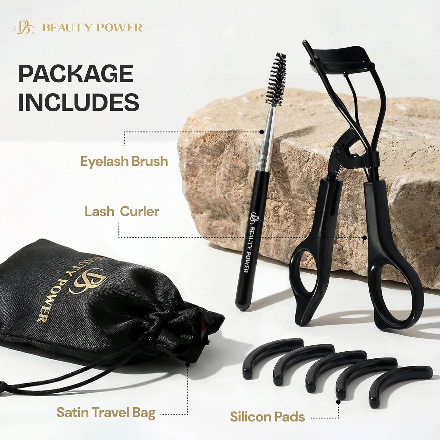 Beauty Power Eyelash Curler - Precision Lash Lift in Seconds with 5 Replacement Pads, Eyebrow Brush & Satin Travel Bag - Gentle & Safe, Stainless Steel for Perfect Extra Curls - Gift Idea (Extra Curl)