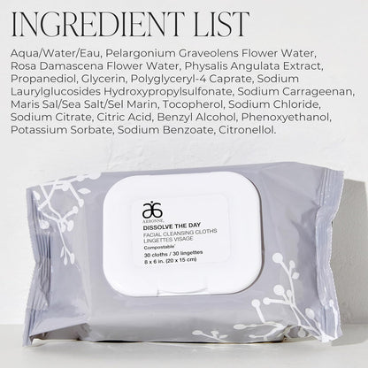 Arbonne Makeup Remover Wipes - Dissolve the Day Facial Cleansing Makeup Wipes for Women, Gentle Cleansing Towelette for Face, Removes Dirt and Sweat