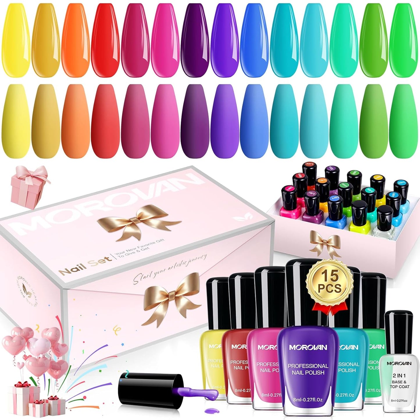 Morovan 15 Bright Color 0.27oz Air Quick Dry Nail Polish Gift Set for Women