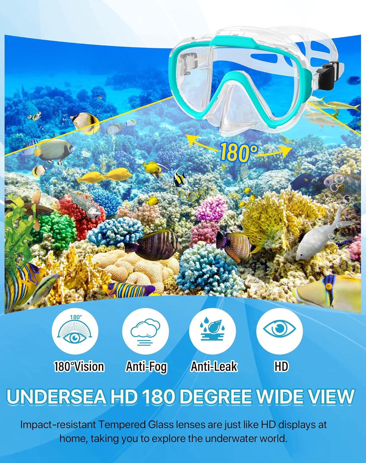Ubekezele Snorkeling Gear for Adults Men Women,4 in 1 Snorkel Set with Panoramic View Diving Mask Anti-Fog Anti-Leak,Dry Top Snorkel,Fins and Travel Bag for Swimming,Snorkeling and Travel Diving