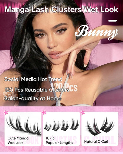 EYDEVRO Bunny Lash Clusters Manga Eyelash Clusters Wet Look Fairy Wispy Cluster Eyelash Extensions Anime Cluster Lashes 120 Pcs 10-16mm C Curl DIY Lash Extensions