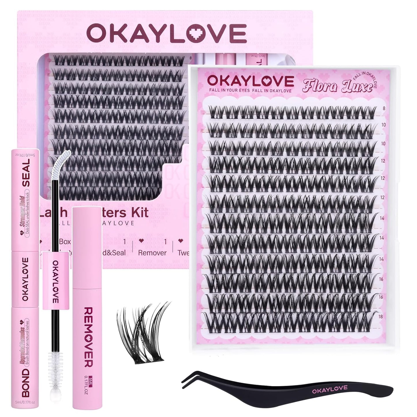 OKAYLOVE Manga Lash Clusters Kit with Spikes, LIRA 8-18mm DIY Cluster Eyelash Extensions Kit, 140pcs CC Curl Clear Band Individual Lashes with Lash Bond and Seal, Remover, Lash Tweezers