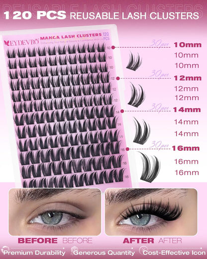 EYDEVRO Bunny Lash Clusters Manga Eyelash Clusters Wet Look Fairy Wispy Cluster Eyelash Extensions Anime Cluster Lashes 120 Pcs 10-16mm C Curl DIY Lash Extensions