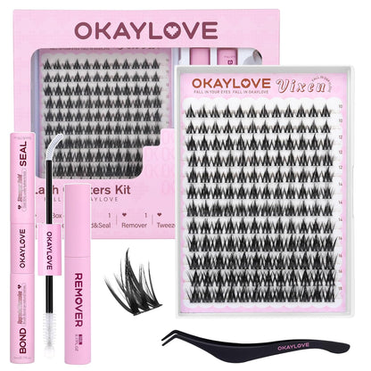 OKAYLOVE Manga Lash Clusters Kit with Spikes, LIRA 8-18mm DIY Cluster Eyelash Extensions Kit, 140pcs CC Curl Clear Band Individual Lashes with Lash Bond and Seal, Remover, Lash Tweezers