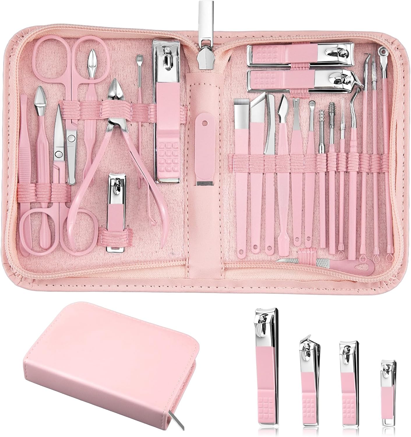 MINKINH 26-Piece Professional Manicure Set，Features Stainless Steel Tools, Carbon Steel Clippers & Travel Case for Women's Home and Travel Grooming，Mother's Day Gifts(Pink)
