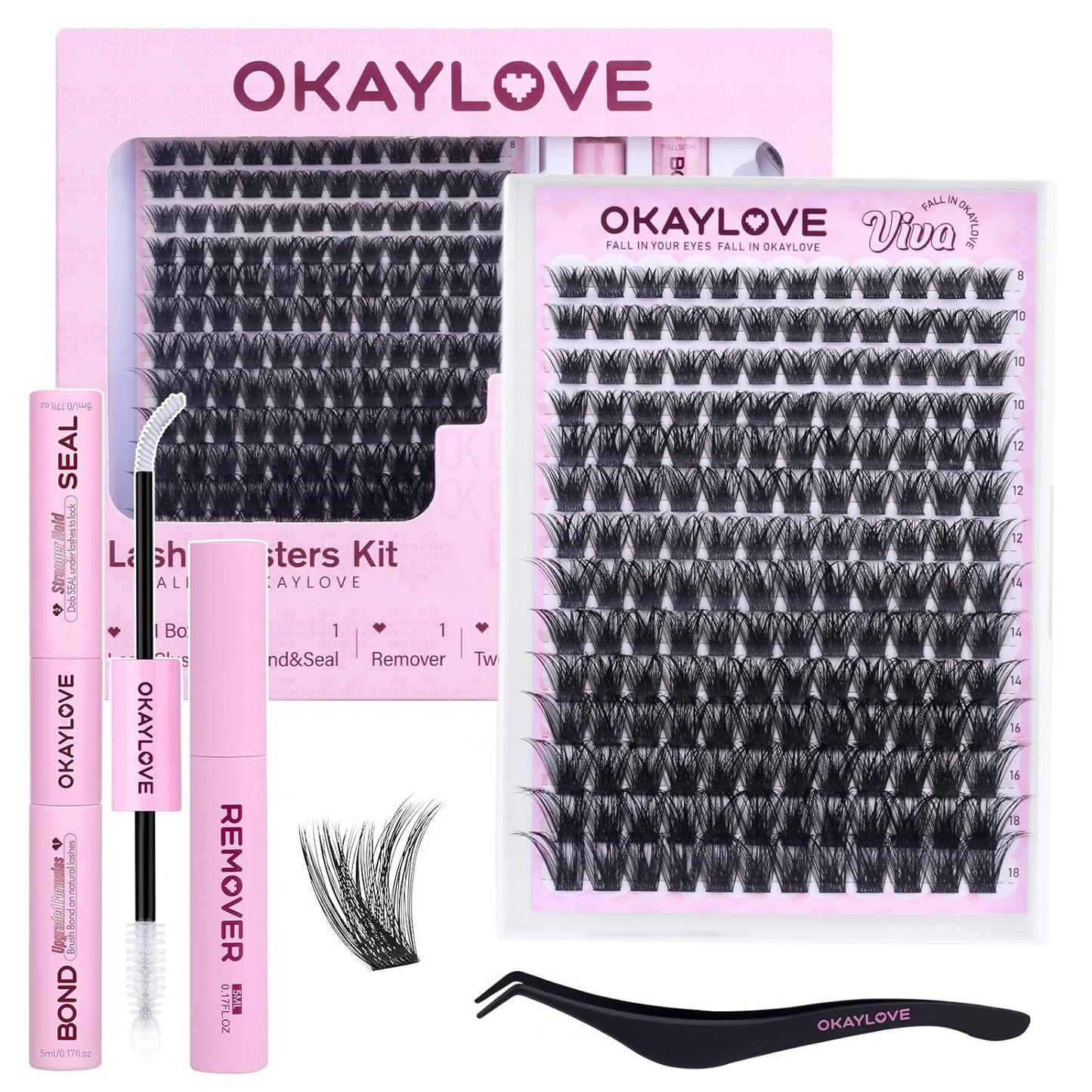 OKAYLOVE Manga Lash Clusters Kit with Spikes, LIRA 8-18mm DIY Cluster Eyelash Extensions Kit, 140pcs CC Curl Clear Band Individual Lashes with Lash Bond and Seal, Remover, Lash Tweezers