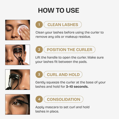Beauty Power Eyelash Curler - Precision Lash Lift in Seconds with 5 Replacement Pads, Eyebrow Brush & Satin Travel Bag - Gentle & Safe, Stainless Steel for Perfect Extra Curls - Gift Idea (Extra Curl)