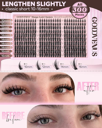Goddvenus Manga Lash Clusters Natural Wispy 300 Pcs Fairy Eyelash Clusters 10-16mm Fluffy Cluster Eyelash Extensions Anime Cosplay No Plastic Feel Individual Lash Extension CC Curve