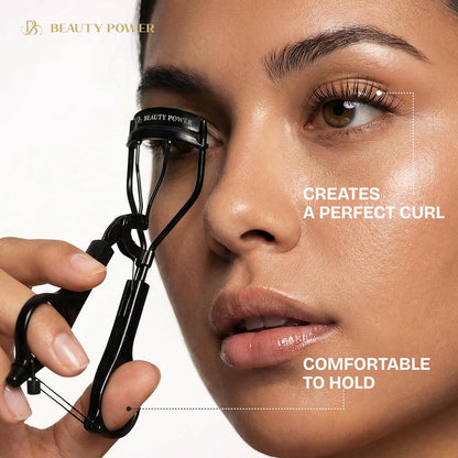 Beauty Power Eyelash Curler - Precision Lash Lift in Seconds with 5 Replacement Pads, Eyebrow Brush & Satin Travel Bag - Gentle & Safe, Stainless Steel for Perfect Extra Curls - Gift Idea (Extra Curl)