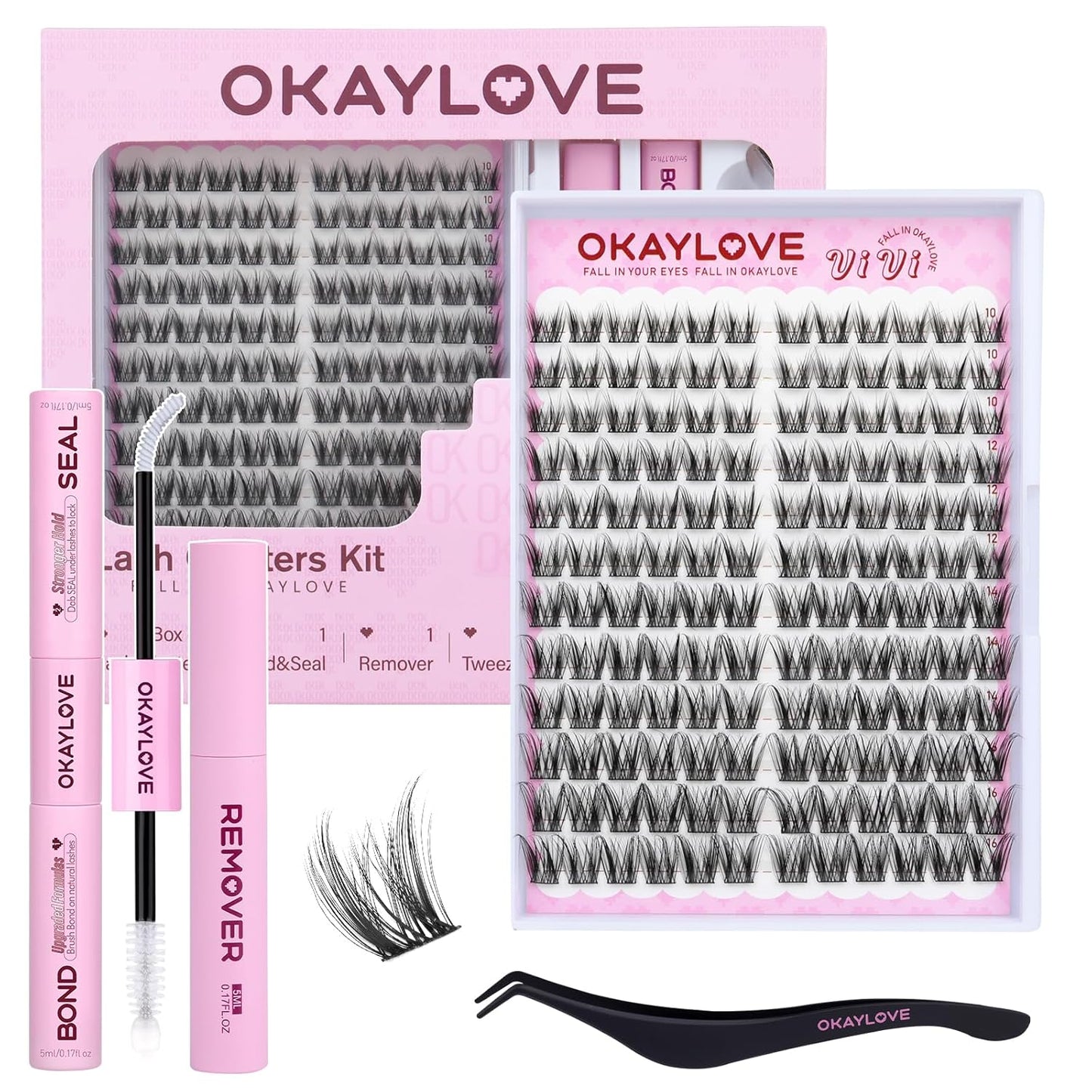 OKAYLOVE Manga Lash Clusters Kit with Spikes, LIRA 8-18mm DIY Cluster Eyelash Extensions Kit, 140pcs CC Curl Clear Band Individual Lashes with Lash Bond and Seal, Remover, Lash Tweezers