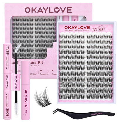 OKAYLOVE Manga Lash Clusters Kit with Spikes, LIRA 8-18mm DIY Cluster Eyelash Extensions Kit, 140pcs CC Curl Clear Band Individual Lashes with Lash Bond and Seal, Remover, Lash Tweezers