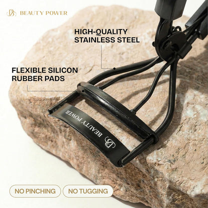Beauty Power Eyelash Curler - Precision Lash Lift in Seconds with 5 Replacement Pads, Eyebrow Brush & Satin Travel Bag - Gentle & Safe, Stainless Steel for Perfect Extra Curls - Gift Idea (Extra Curl)