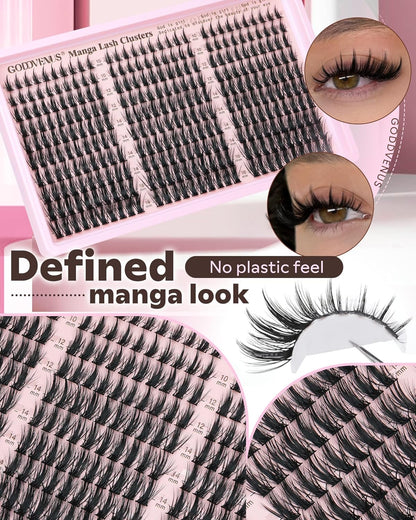 Goddvenus Manga Lash Clusters Natural Wispy 300 Pcs Fairy Eyelash Clusters 10-16mm Fluffy Cluster Eyelash Extensions Anime Cosplay No Plastic Feel Individual Lash Extension CC Curve